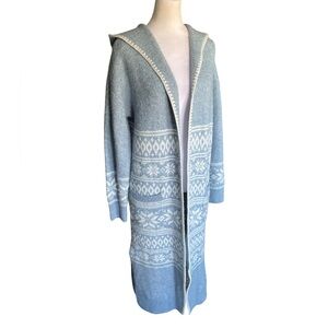 Aspen Fair Isle Light Blue and White Hooded Long Cardigan Duster Women’s Medium